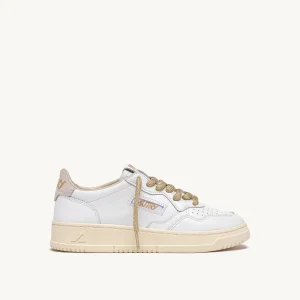 Baskets Femme Medalist En Cuir Blanc Et Details Lurex Or AUTRY