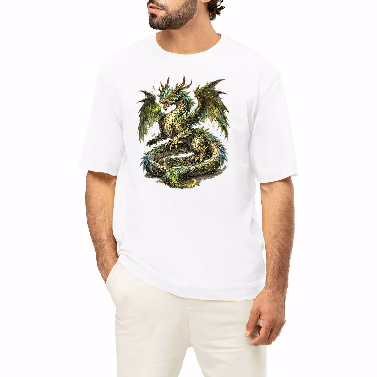 T-shirt Dragon majestueux aux cristaux verts en coton bio