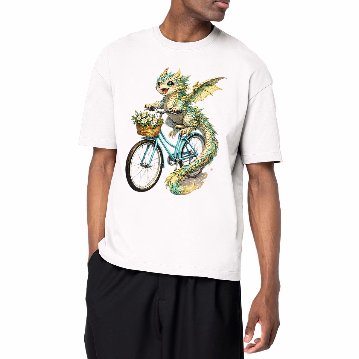 T-shirt Petit dragon à vélo unisexe oversized coton bio éthique