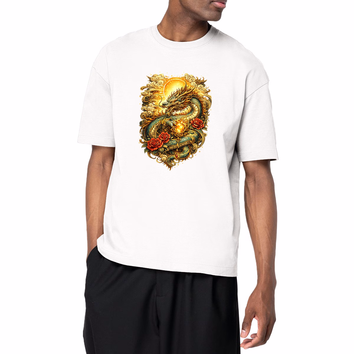 T-shirt Dragon et perle unisexe oversized en coton bio