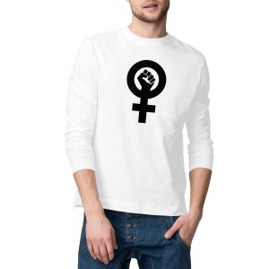 T-shirt blanc homme bio manches longues poing féministe